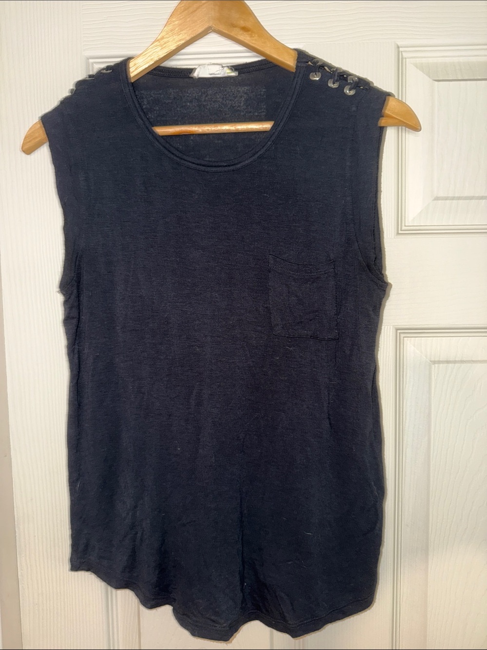 Glitz Black Sleeveless Tee with Grommet-Stud Shoulder Detail